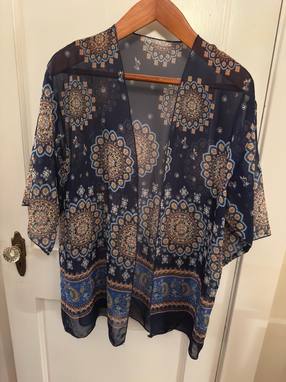 🆓📦Sheer Navy Medallion Print Kimono Cover-Up